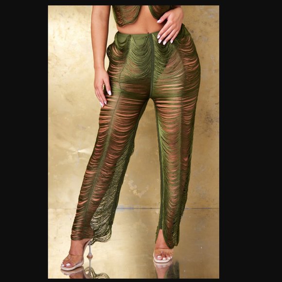 PrettyLittleThing Pants - Pretty Little Thing Green Fringe Pants
